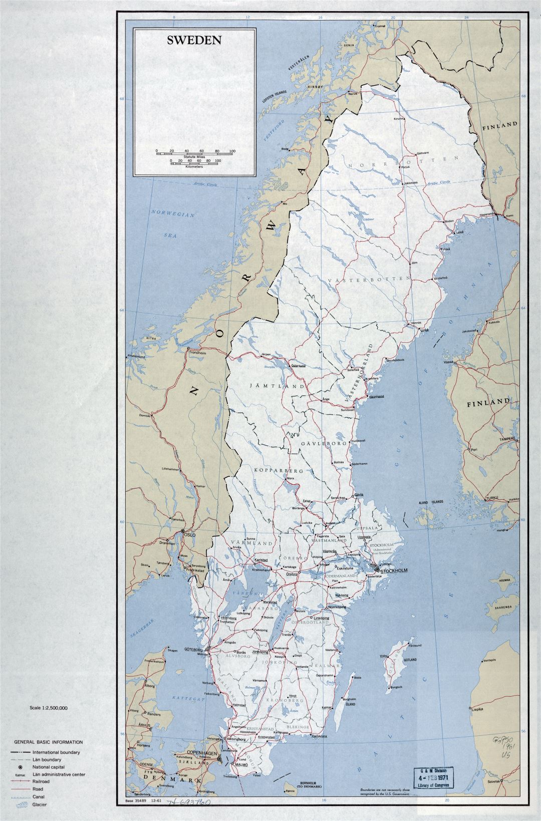 Большая детальная политическая и административная карта Швеции с дорогами, железными дорогами и крупными городами - 1961