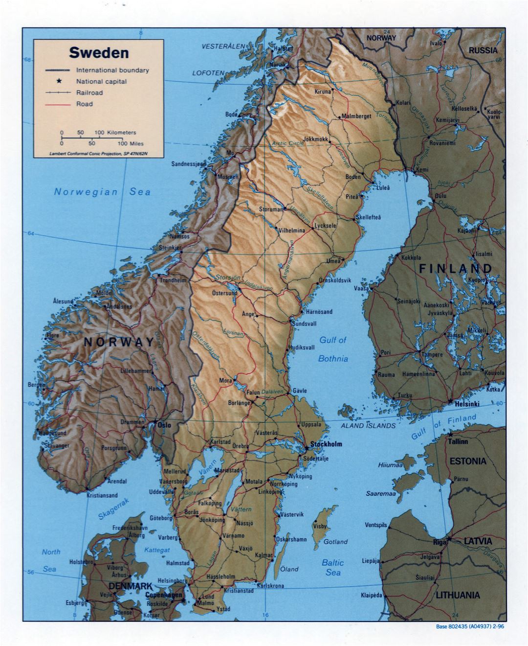 Большая детальная политическая карта Швеции с рельефом, дорогами, железными дорогами и крупными городами - 1996