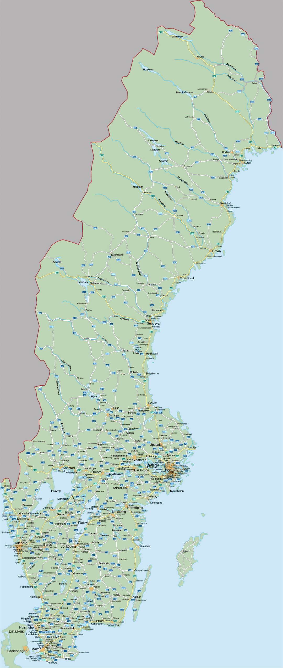 Большая детальная карта дорог Швеции