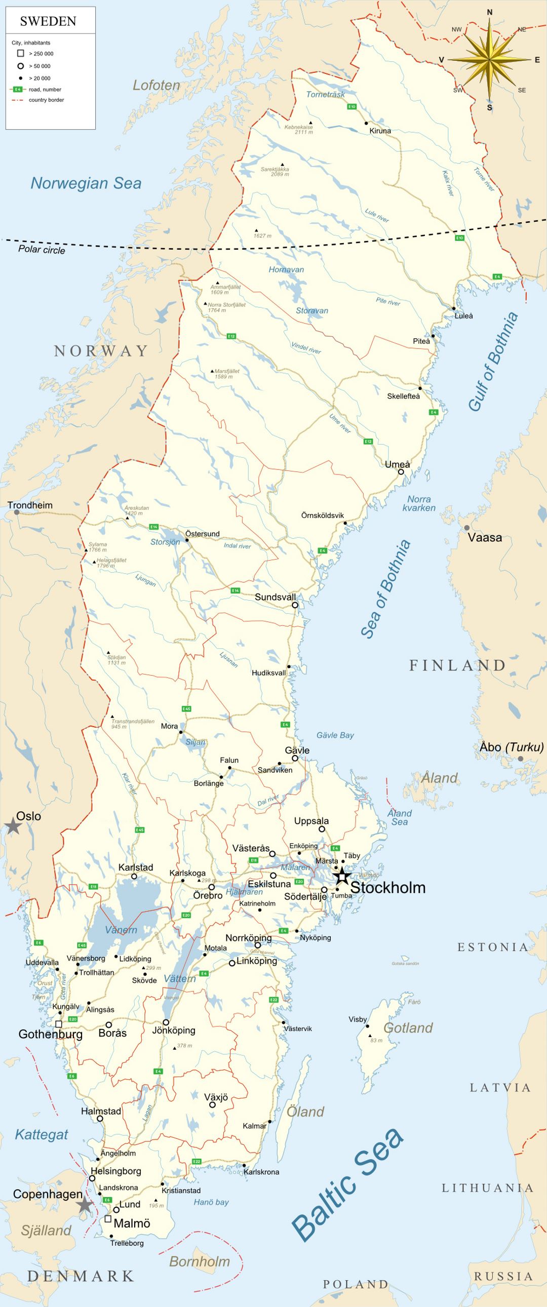 Большая карта Швеции с административными делениями, дорогами и крупными городами