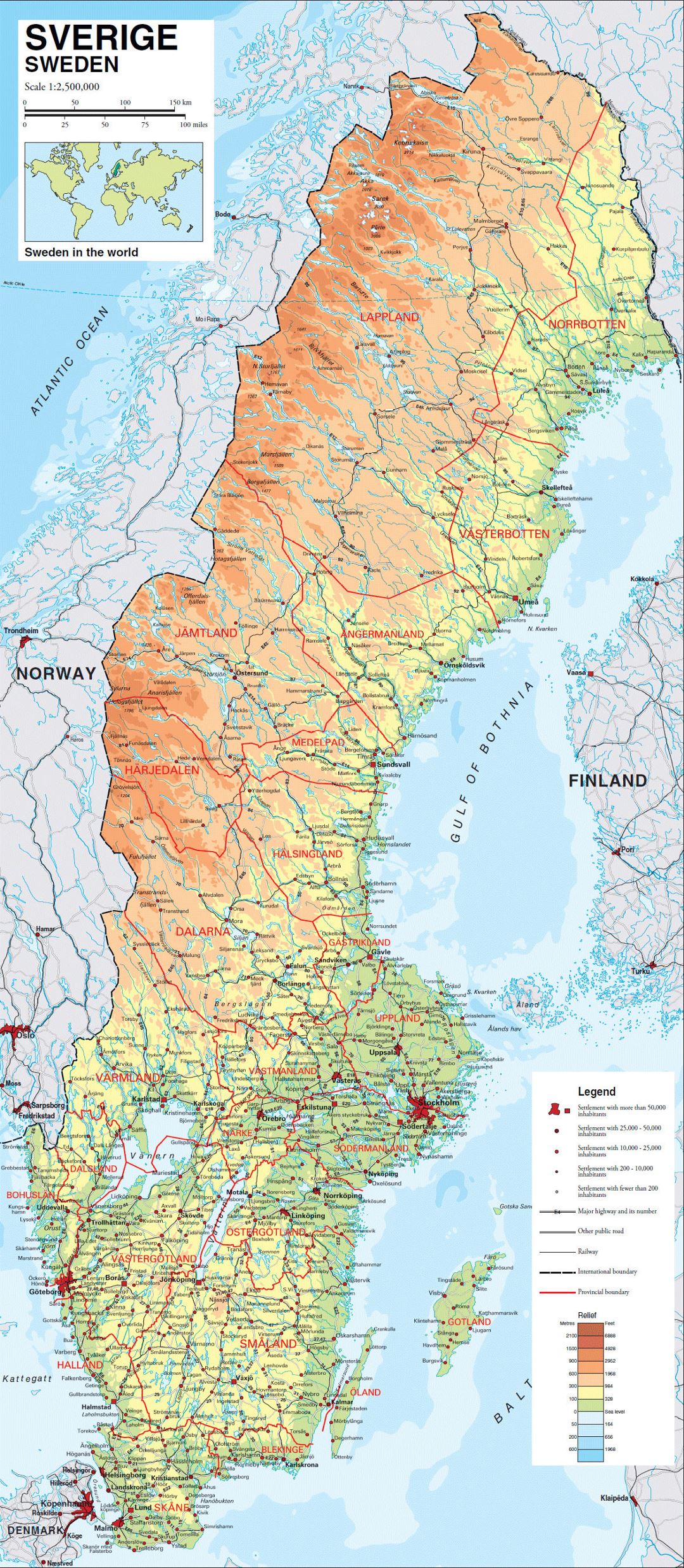 Большая физическая карта Швеции с дорогами, железными дорогами и городами