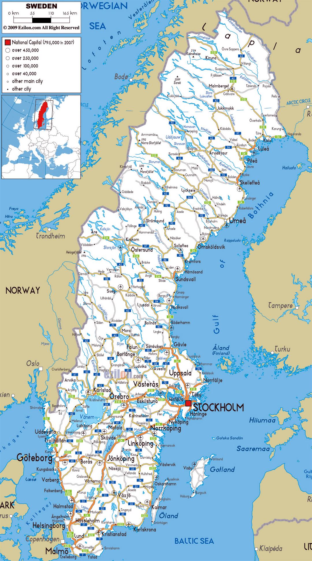 Большая карта дорог Швеции с городами и аэропортами