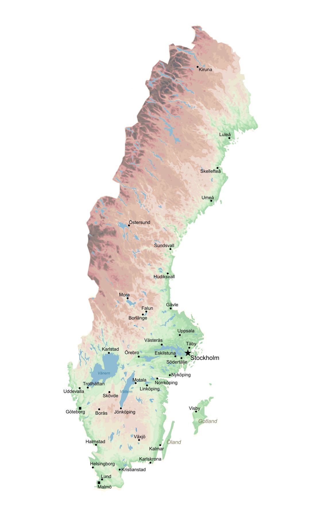 Крупномасштабная карта высот Швеции с крупными городами