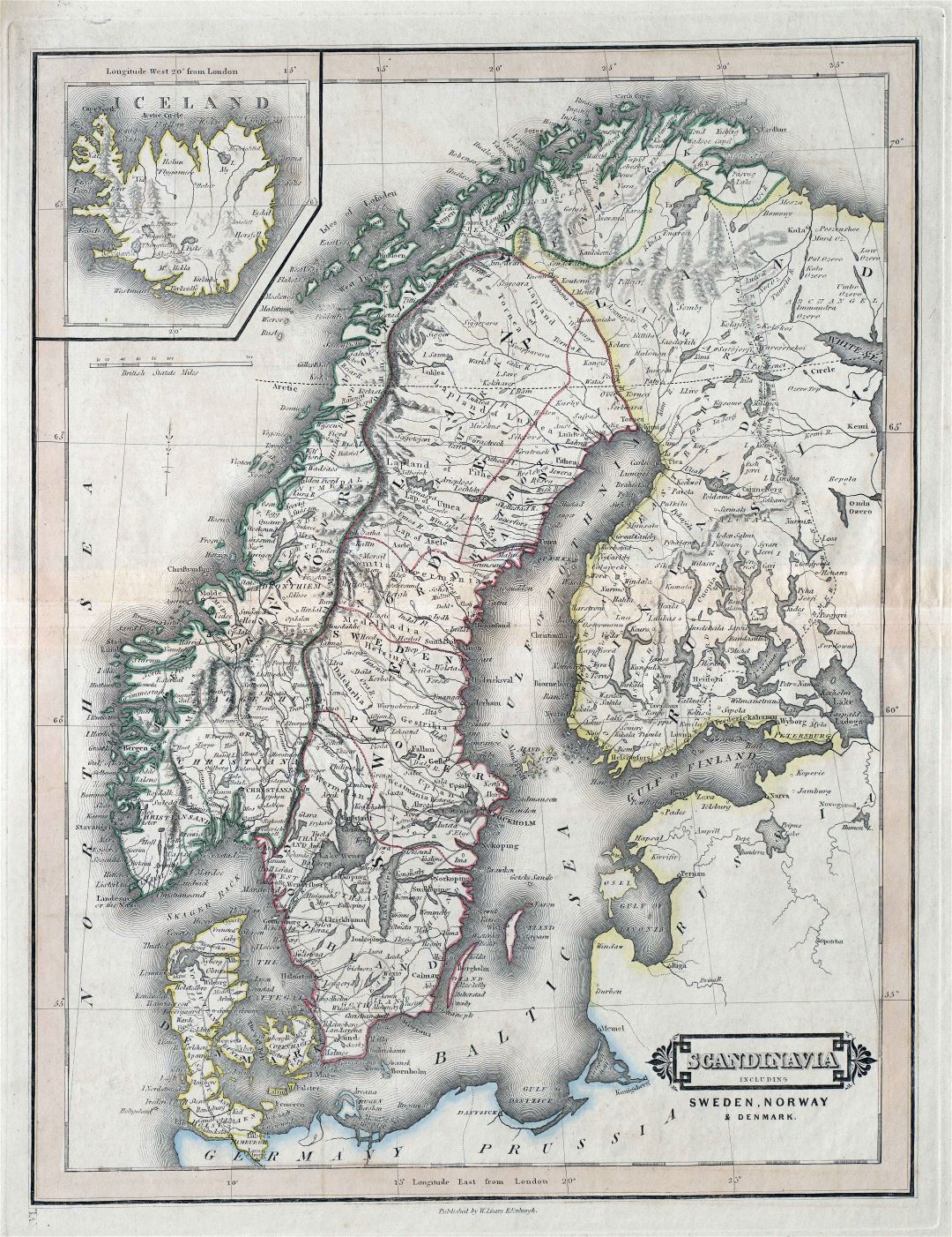 Крупномасштабная старая политическая карта Швеции, Норвегии и Дании с дорогами и городами