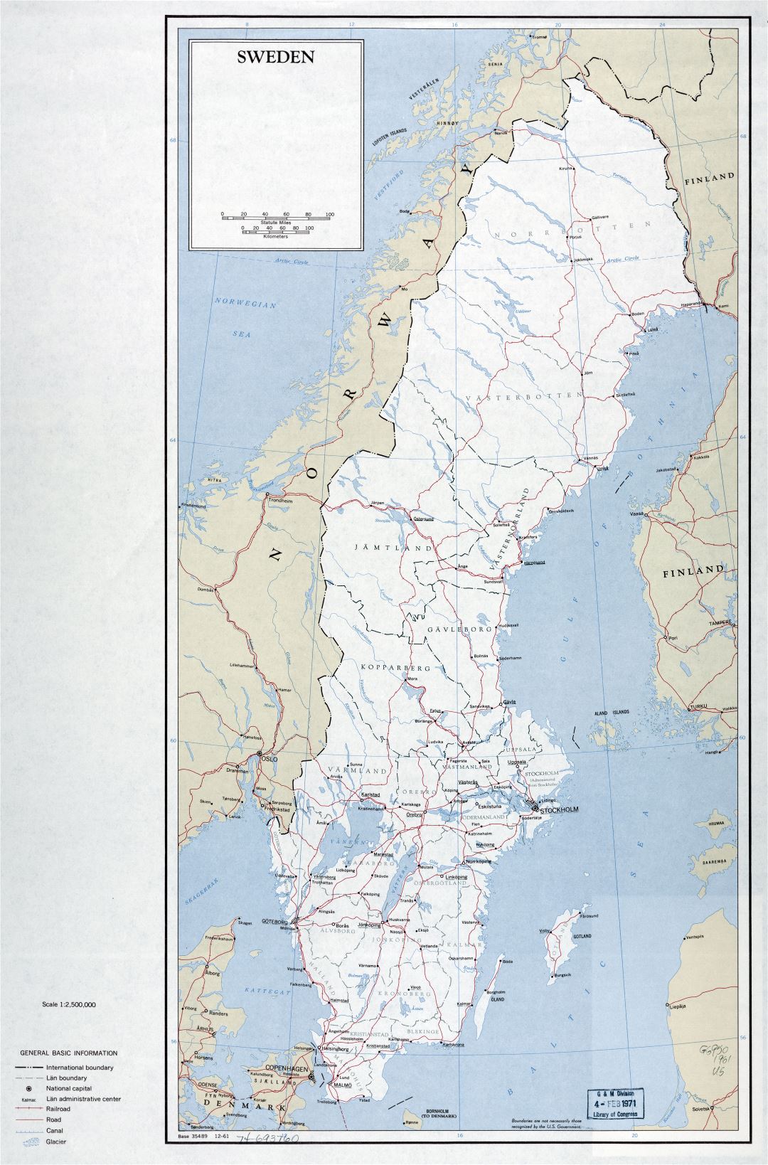 Крупномасштабная политическая и административная карта Швеции с дорогами, железными дорогами и крупными городами - 1961