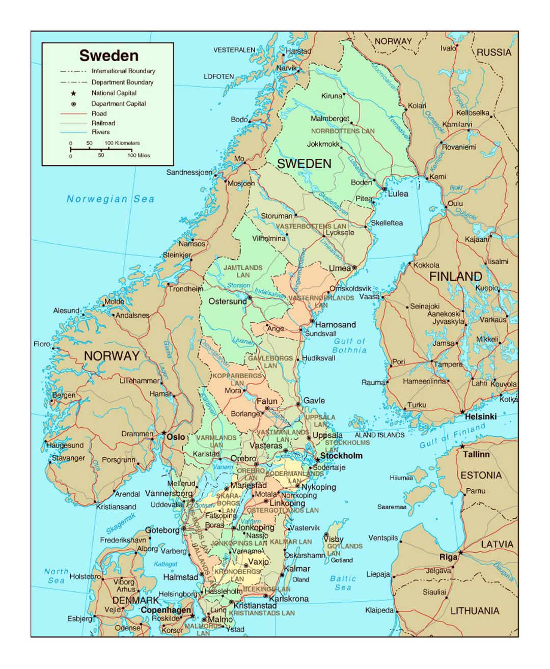 Политическая и административная карта Швеции с дорогами и крупными городами