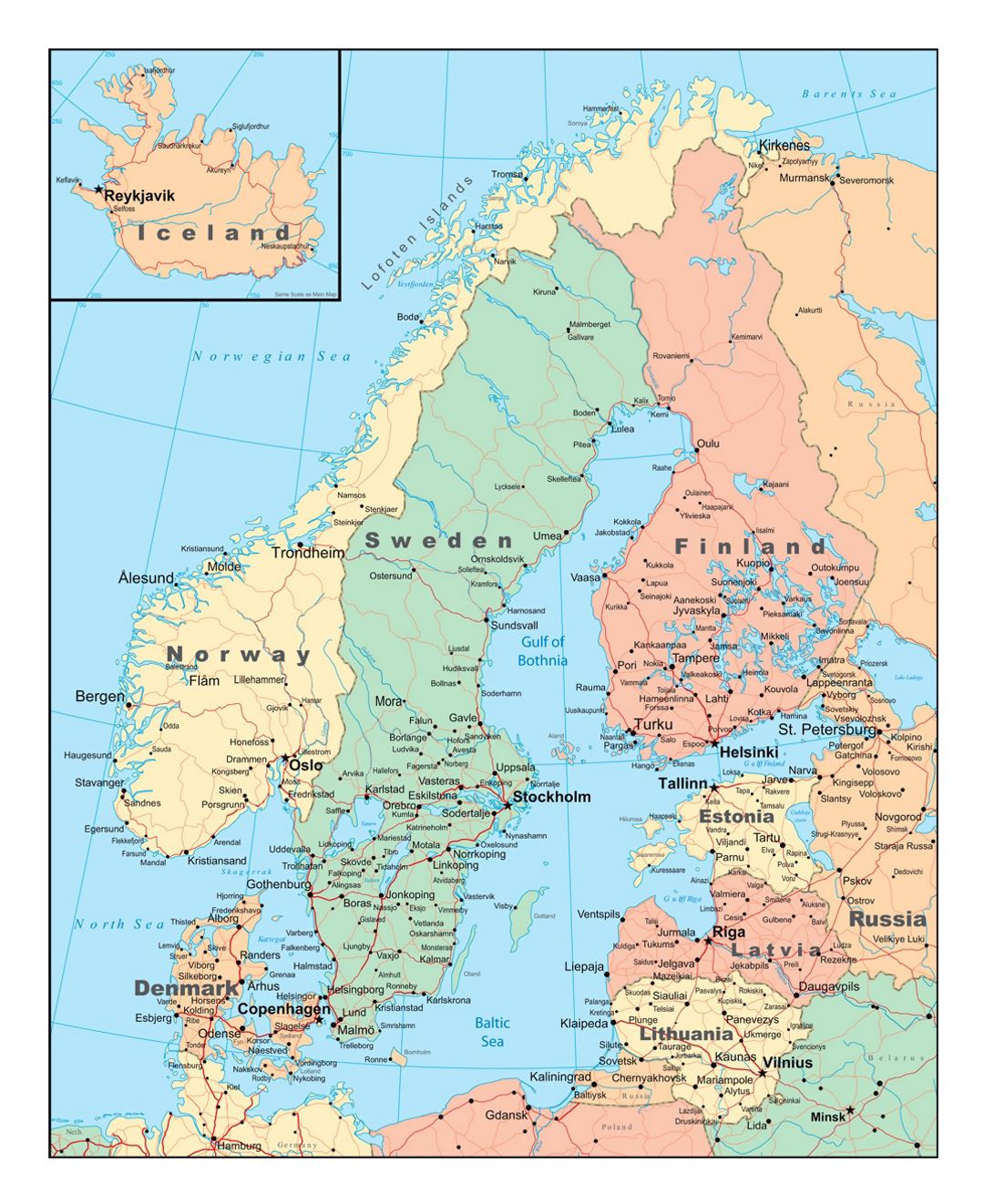 Политическая карта Скандинавии с дорогами и городами