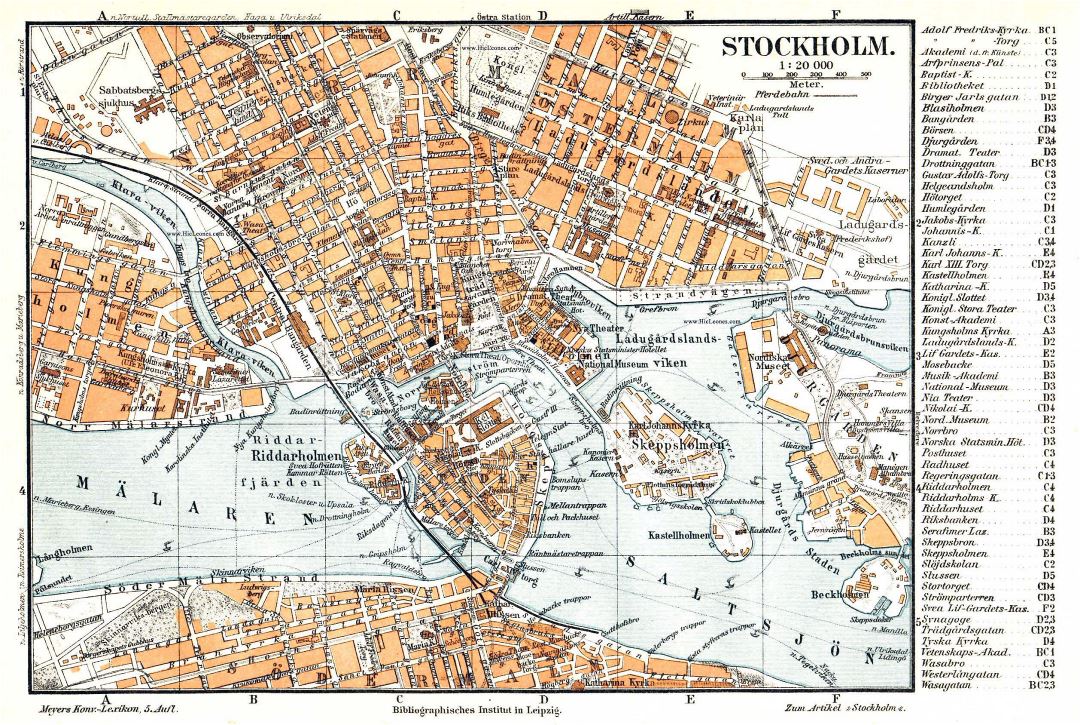 Большая детальная старая карта центра Стокгольма