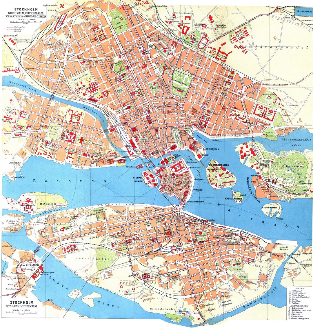 Большая детальная старая карта города Стокгольма