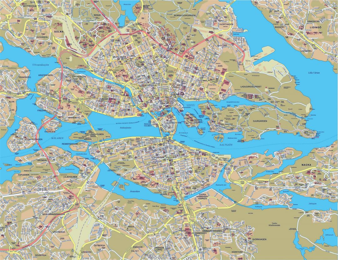 Большая детальная карта дорог города Стокгольма со зданиями