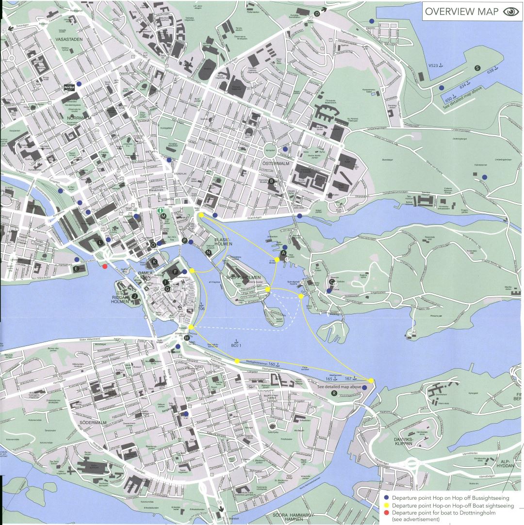 Большая карта дорог и туристическая карта центра Стокгольма со зданиями