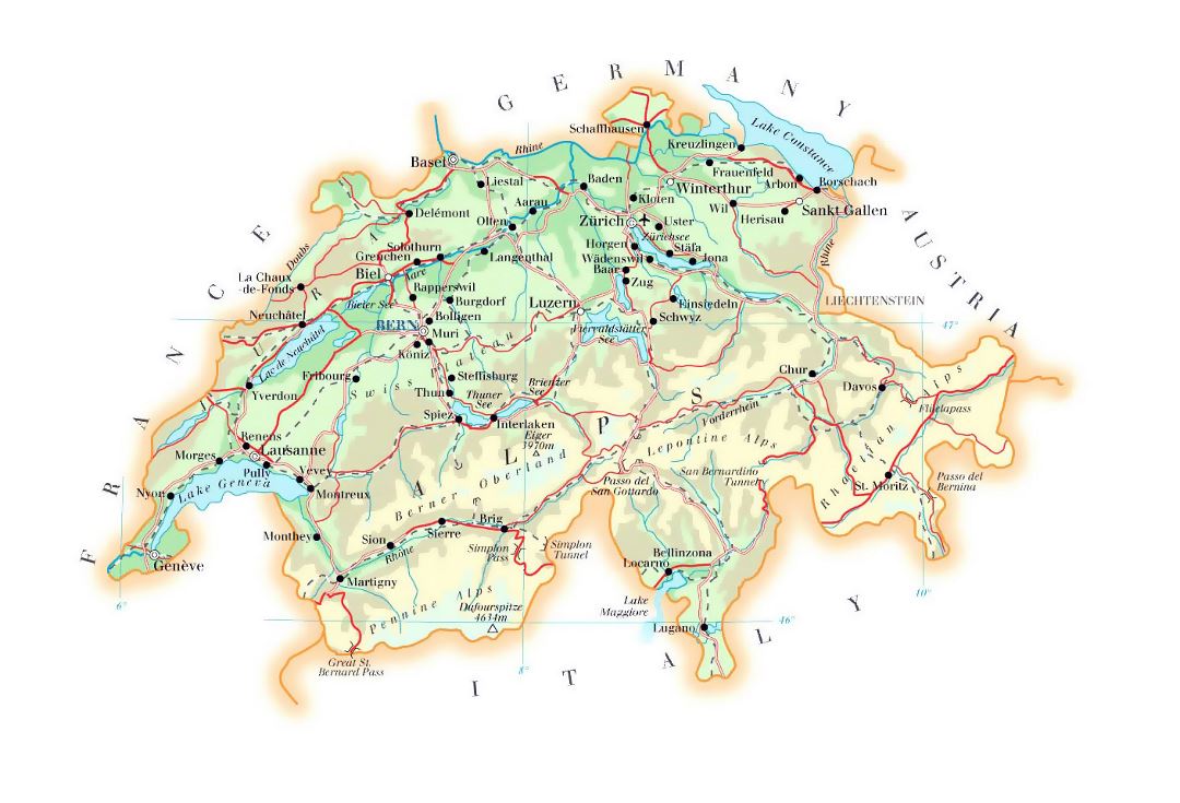 Детальная карта высот Швейцарии с дорогами, городами и аэропортами