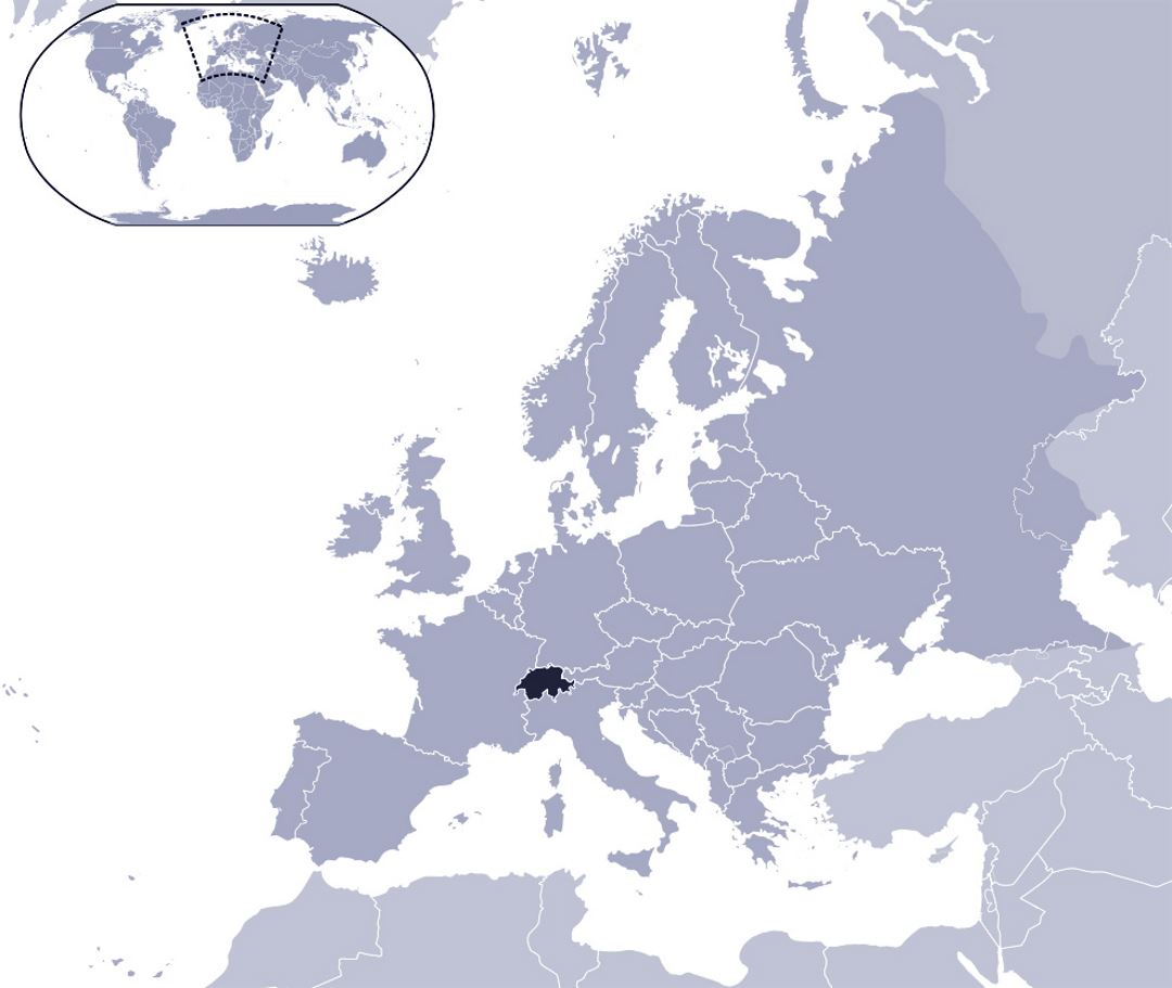 Детальная карта расположения Швейцарии на карте Европы