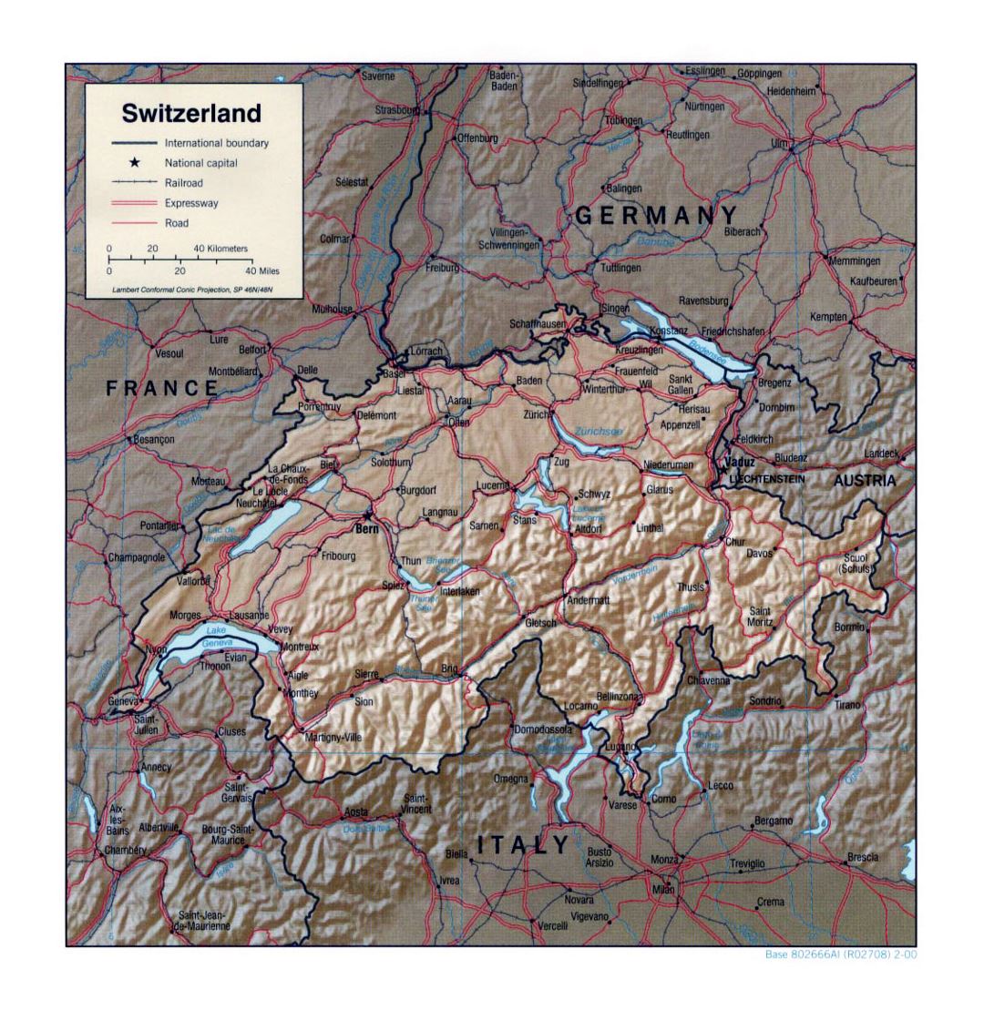 Детальная политическая карта Швейцарии с рельефом, дорогами, железными дорогами и крупными городами - 2000