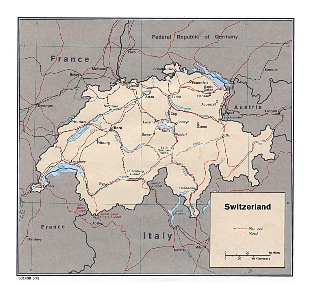 Детальная политическая карта Швейцарии с дорогами, железными дорогами и крупными городами - 1973