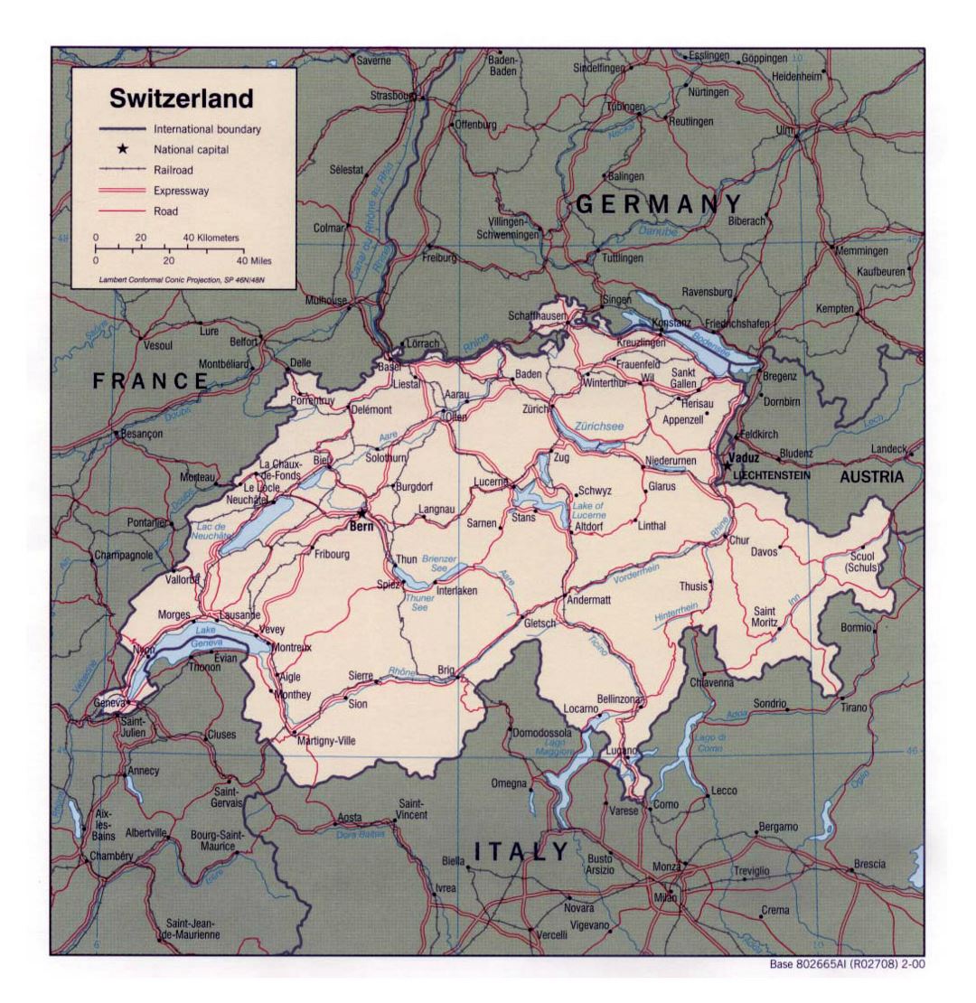 Детальная политическая карта Швейцарии с дорогами, железными дорогами и крупными городами - 2000