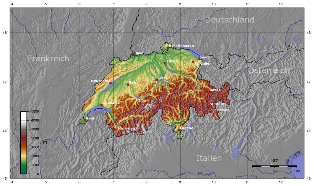 Детальная топографическая карта Швейцарии