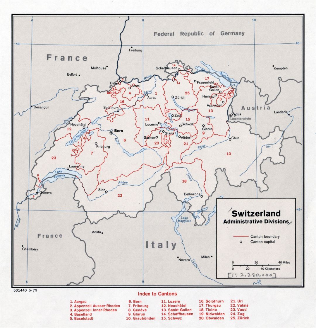 Большая детальная карта административных делений Швейцарии - 1973
