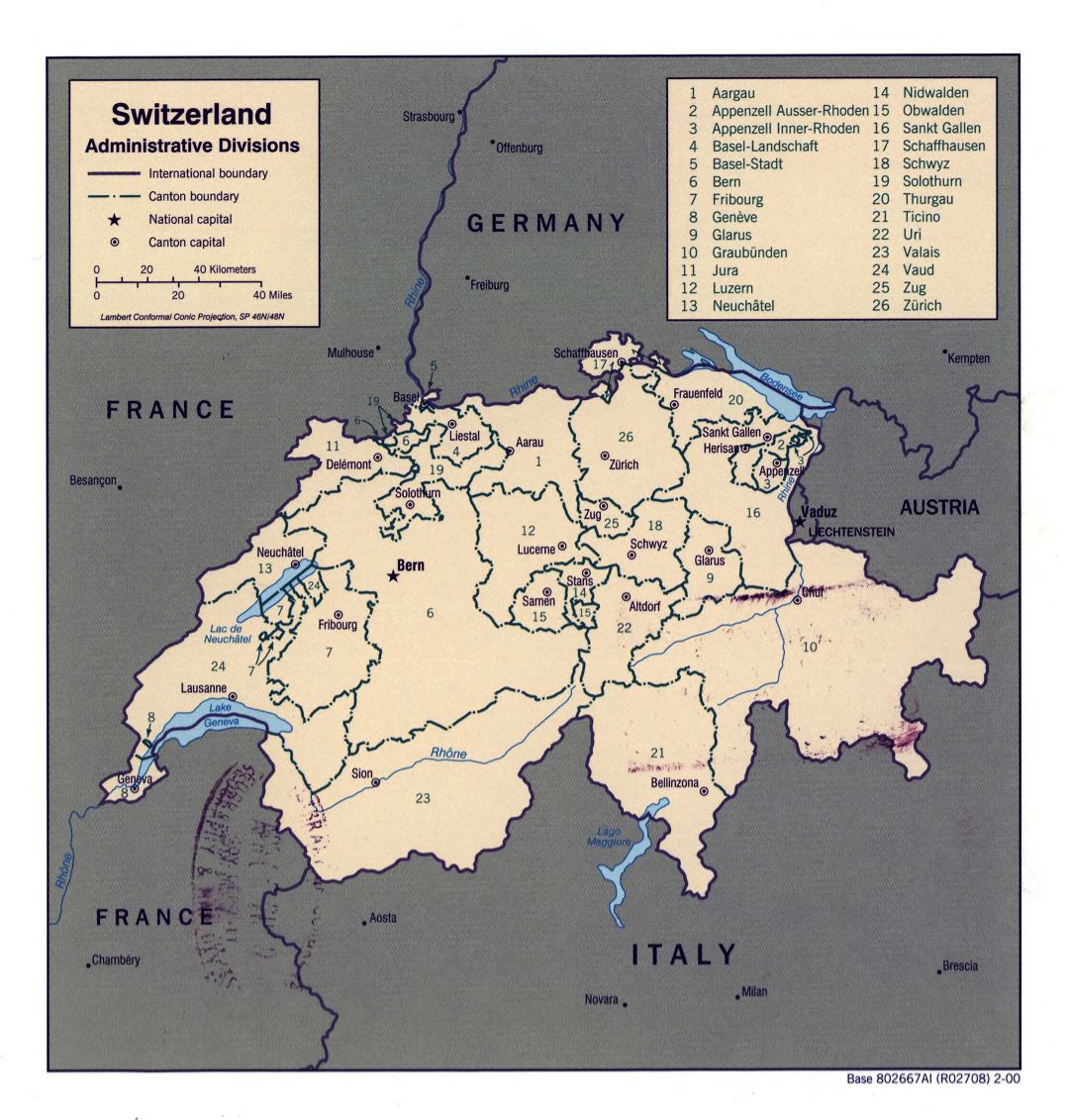 Большая детальная карта административных делений Швейцарии - 2000