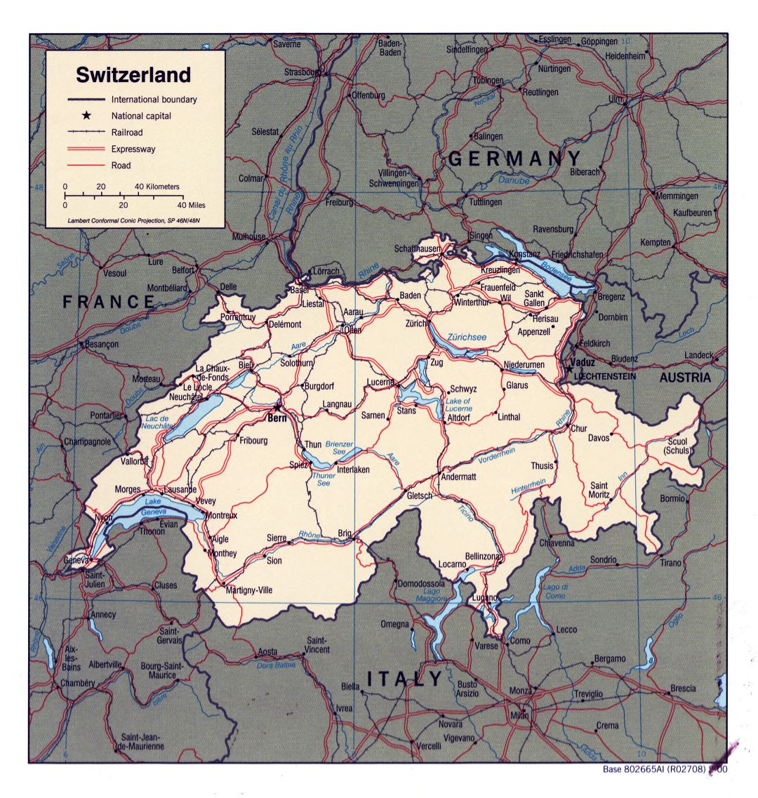 Большая детальная политическая карта Швейцарии - 2000