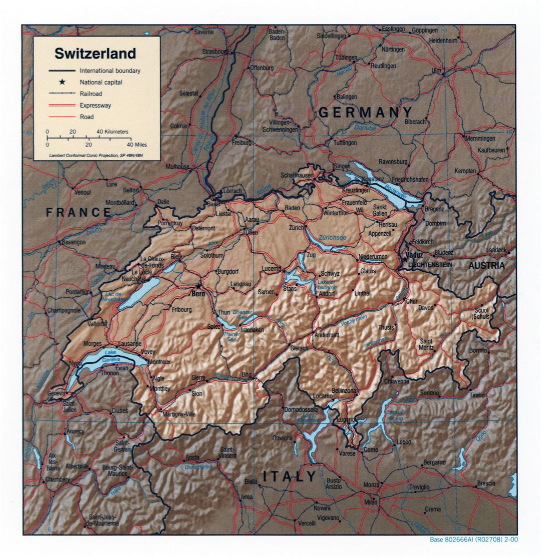 Большая детальная политическая карта Швейцарии с рельефом - 2000