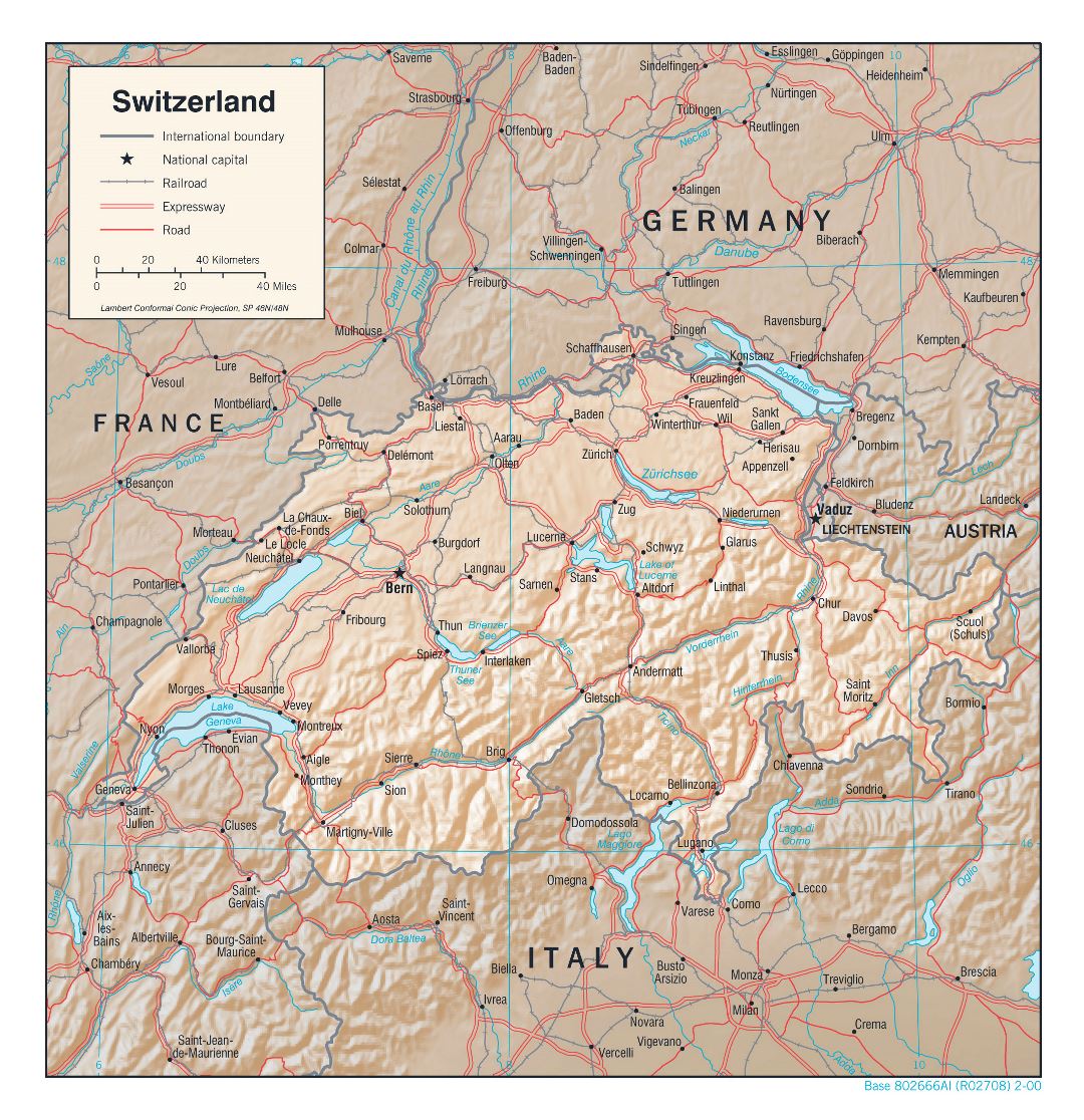 Большая детальная политическая карта Швейцарии с рельефом, дорогами, железными дорогами и крупными городами - 2000