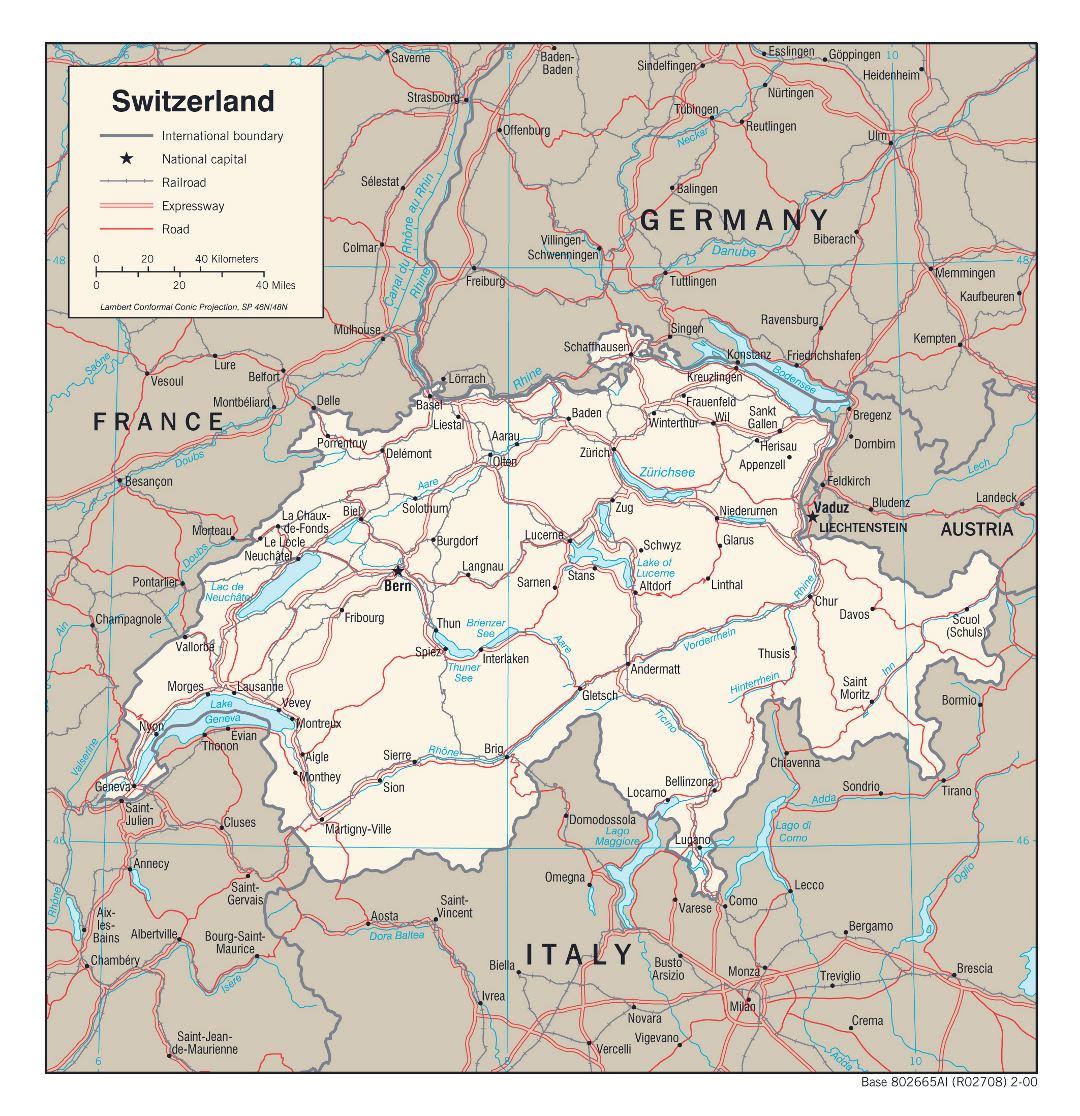 Большая детальная политическая карта Швейцарии с дорогами, железными дорогами и крупными городами - 2000