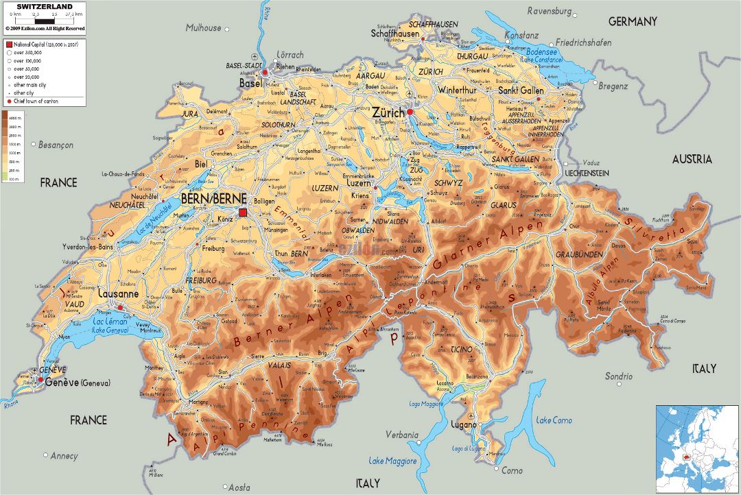 Большая физическая карта Швейцарии с дорогами, городами и аэропортами