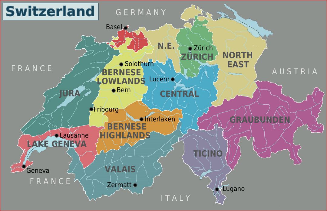 Большая карта регионов Швейцарии