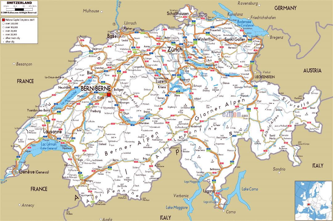 Большая карта дорог Швейцарии с городами и аэропортами