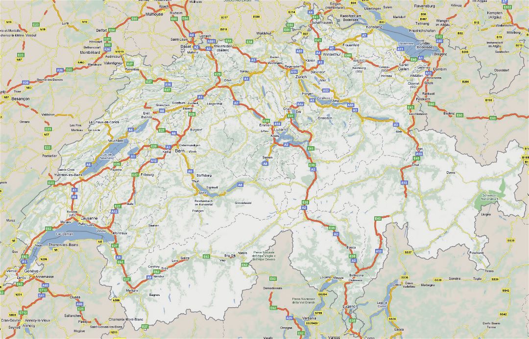 Большая карта дорог Швейцарии с городами