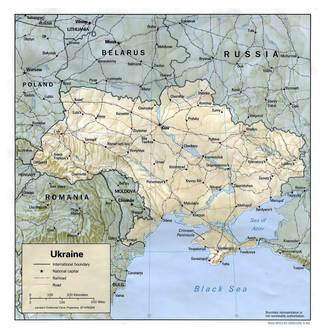 Детальная политическая карта Украины с рельефом, дорогами, железными дорогами и крупными городами - 1993