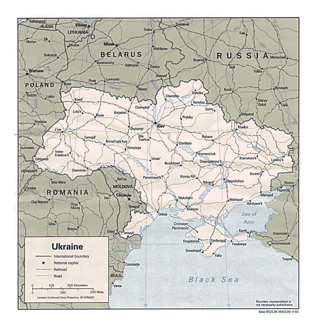 Детальная политическая карта Украины с дорогами, железными дорогами и крупными городами - 1993