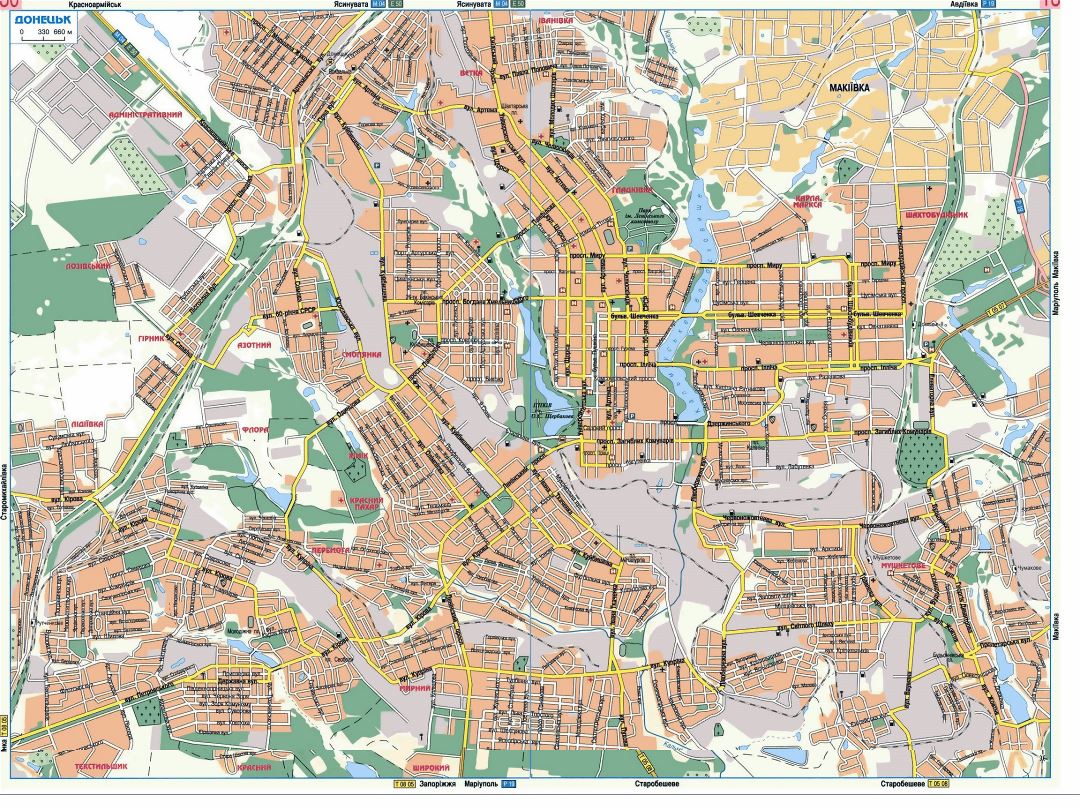 Большая детальная карта дорог города Донецка на украинском языке