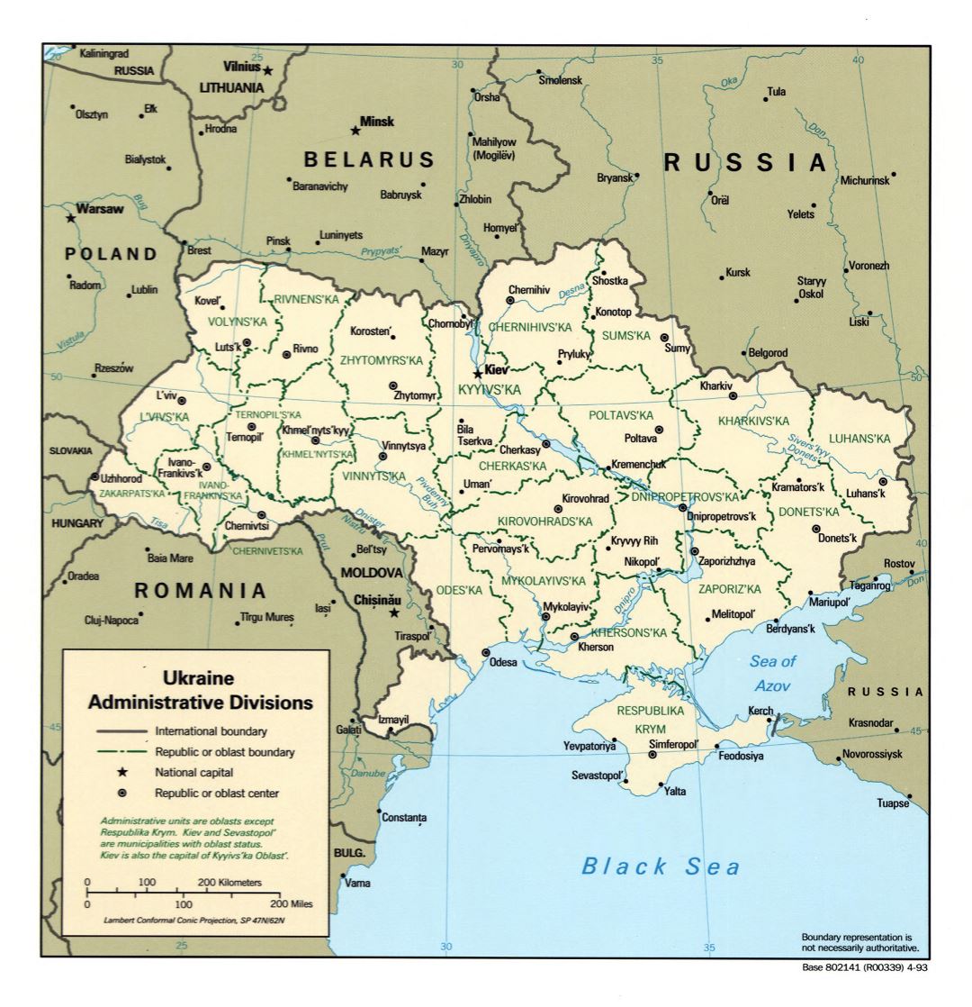 Большая детальная карта административных делений Украины - 1993