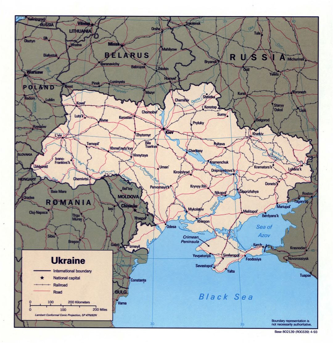 Большая детальная политическая карта Украины с дорогами, железными дорогами и крупными городами - 1993