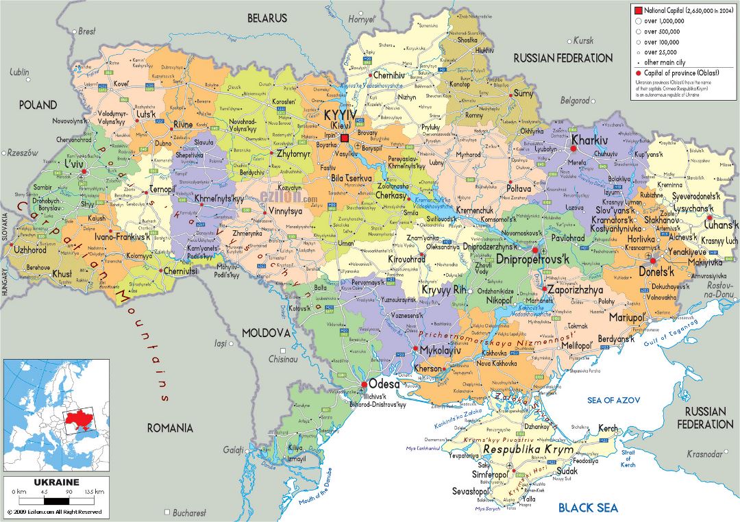 Большая политическая и административная карта Украины с дорогами, городами и аэропортами