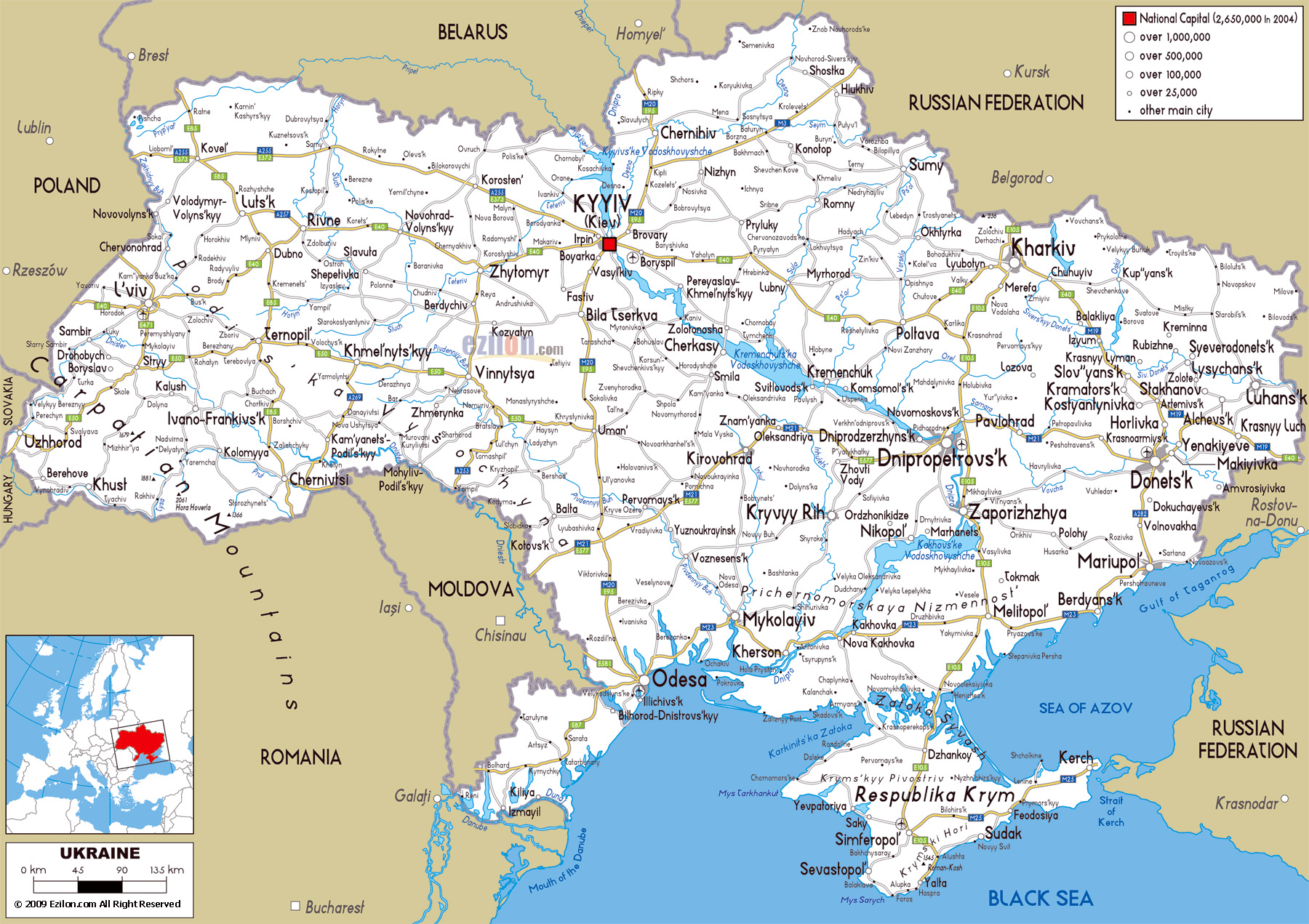 Большая карта дорог Украины с городами и аэропортами