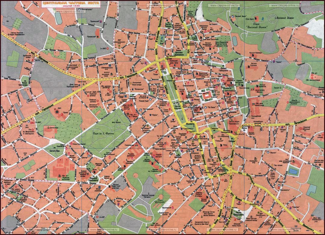 Большая детальная карта центра города Львова на украинском языке