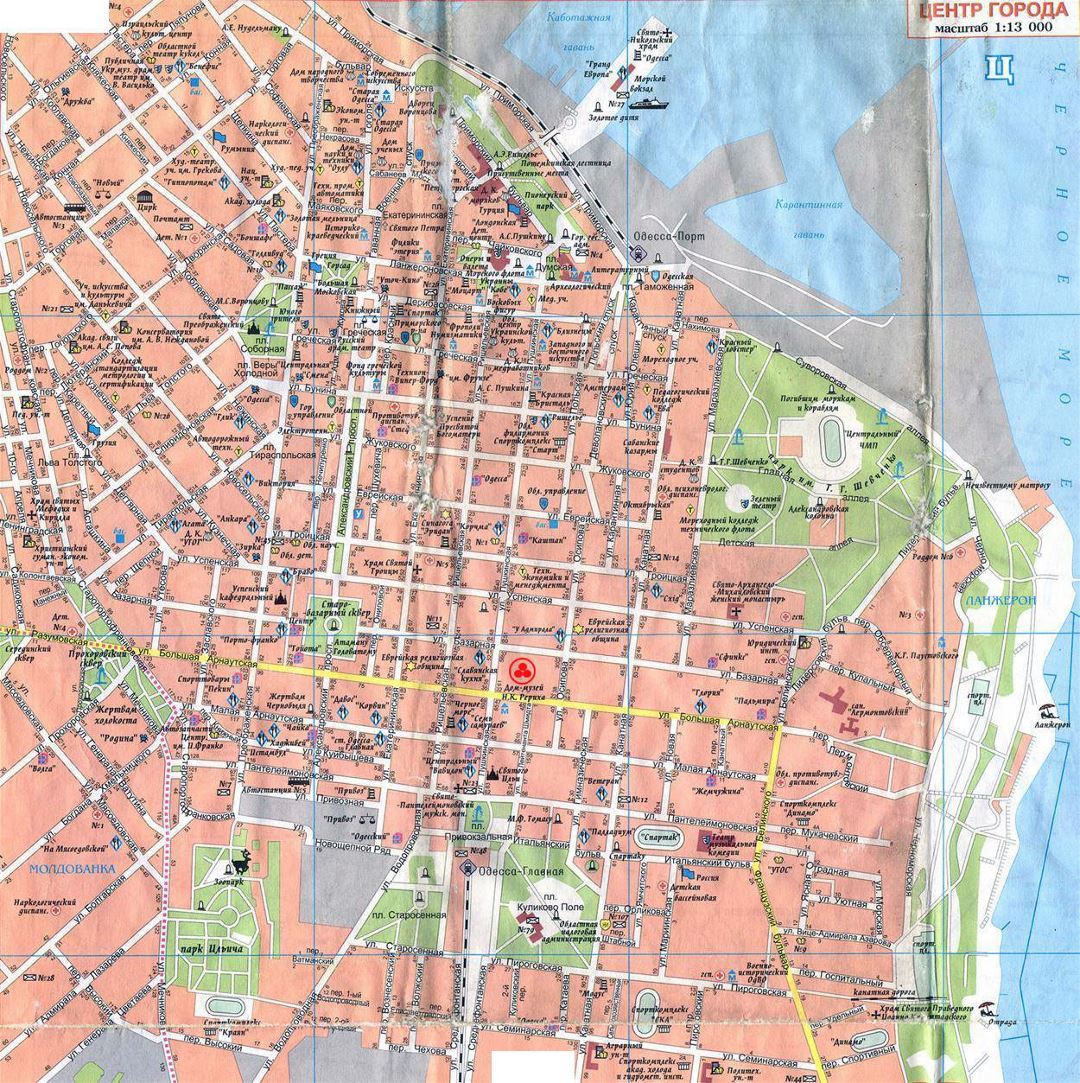 Детальная карта улиц центра города Одессы на русском языке