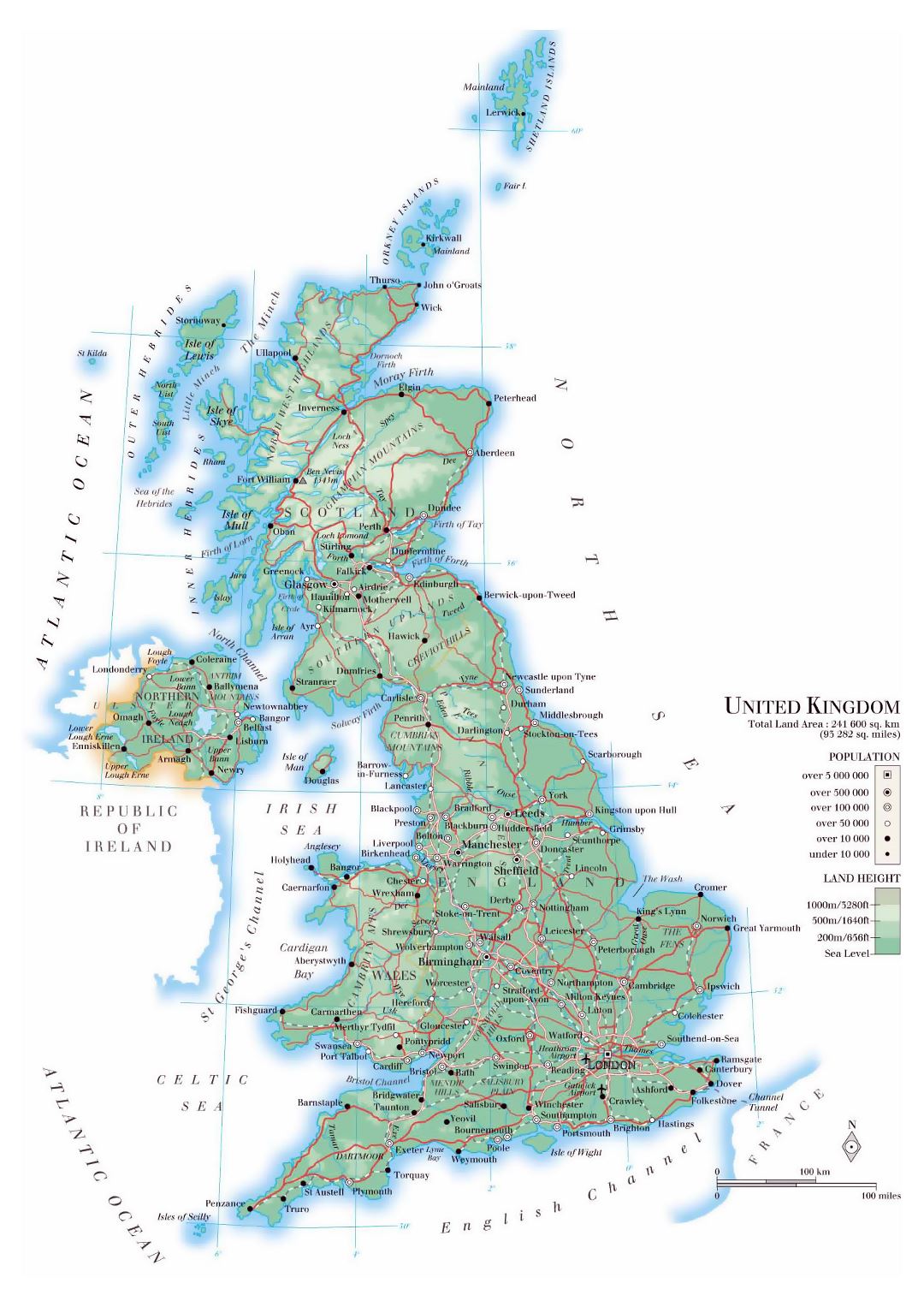 Детальная физическая карта Соединенного Королевства с дорогами, городами и аэропортами