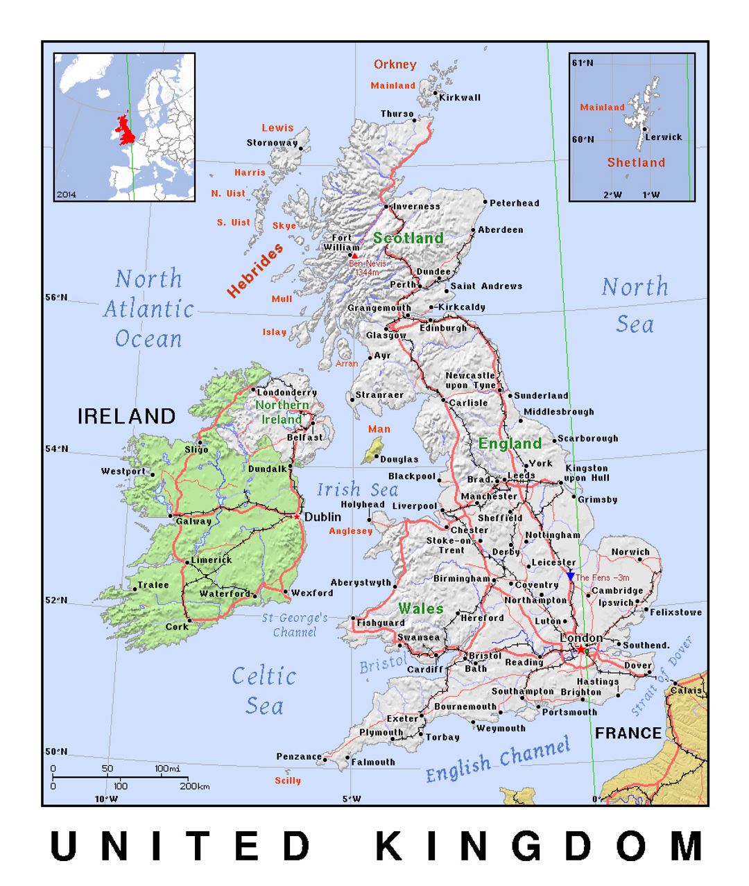 Детальная политическая карта Соединенного Королевства с рельефом