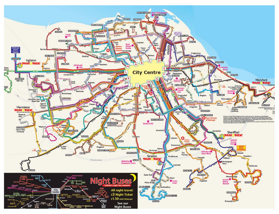 Детальная автобусная карта города Эдинбурга