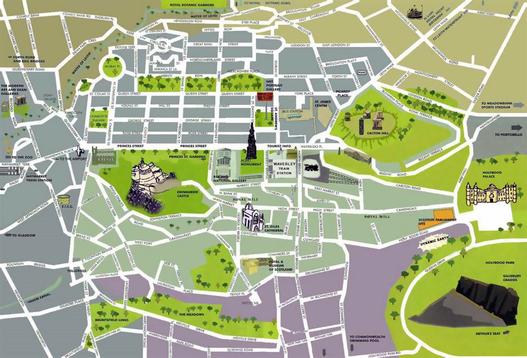 Детальная туристическая карта центра города Эдинбурга