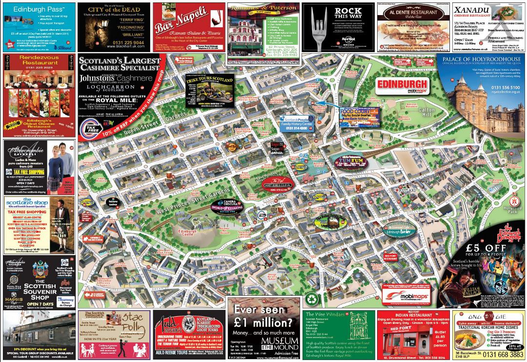 Большая детальная туристическая и информационная карта центра города Эдинбурга