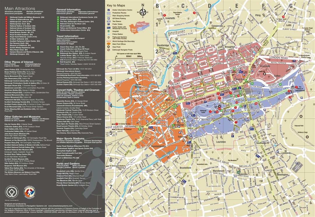 Большая детальная туристическая карта центральной части города Эдинбурга