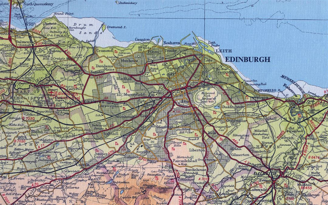 Большая старая карта дорог города Эдинбурга