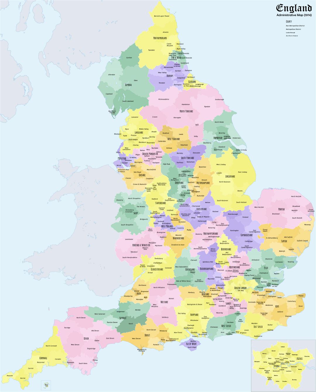 Большая детальная административная карта Англии - 1974