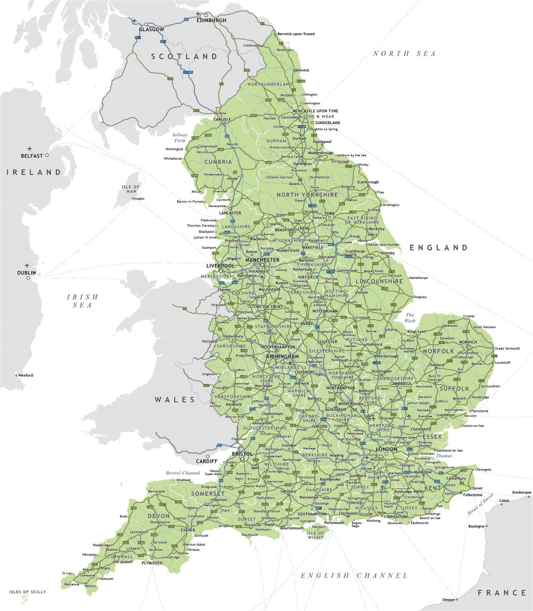 Большая детальная карта шоссе Англии с городами