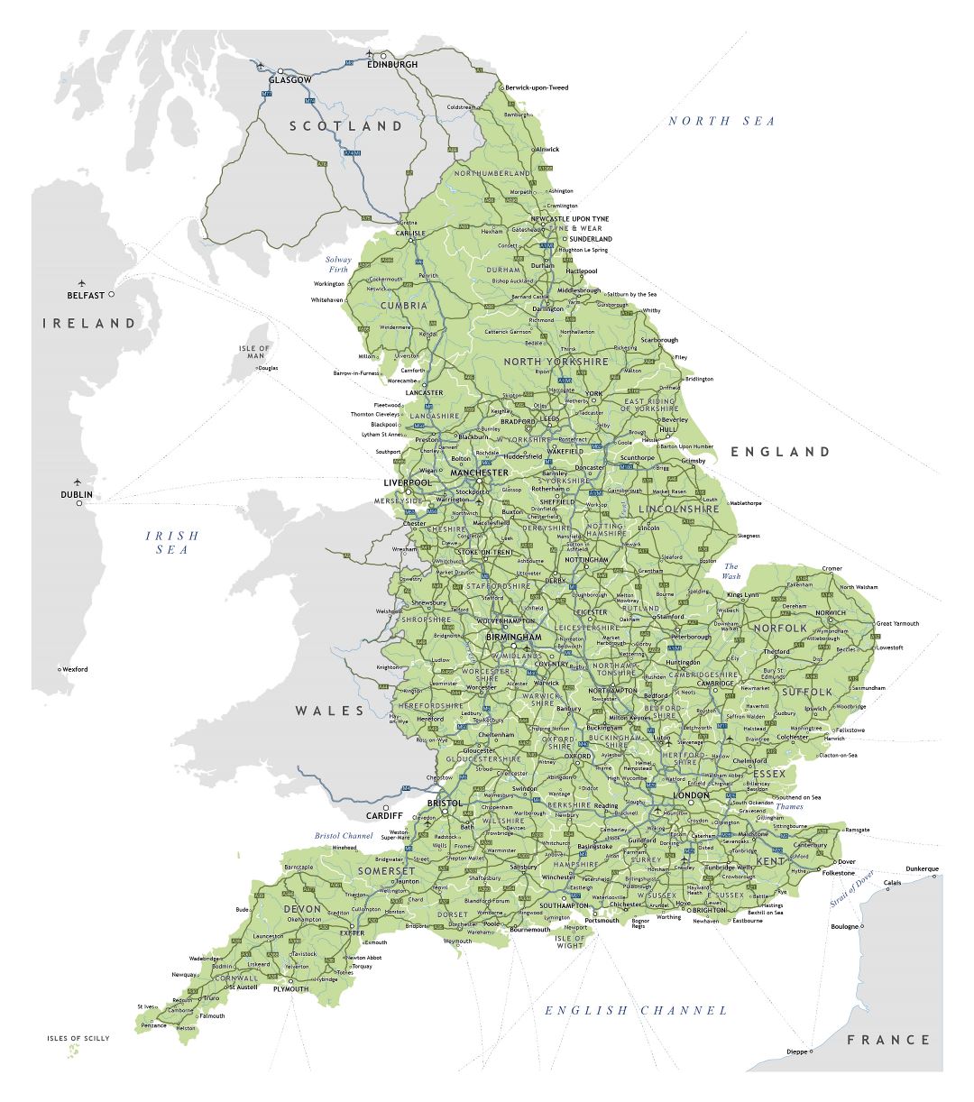 Большая детальная карта Англии с дорогами, городами и аэропортами